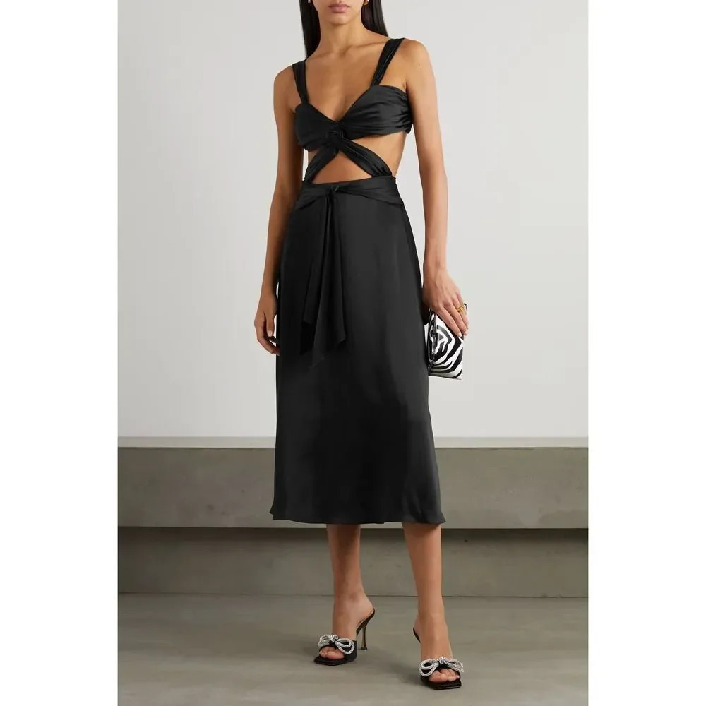 NWT HALPERN Twist-front Cutout Satin Midi Dress Black Size 36 US Size 4